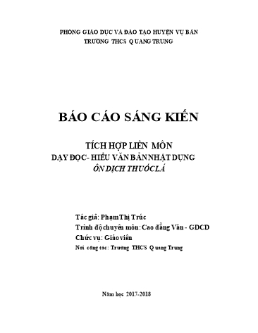 Báo cáo Sáng kiến Tích hợp liên môn dạy đọc hiểu văn bản Nhật dụng "Ôn dịch thuốc lá"