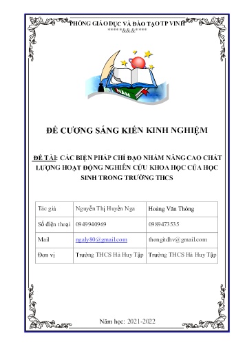 Đề cương SKKN Các biện pháp chỉ đạo nhằm nâng cao chất lượng hoạt động nghiên cứu khoa học của học sinh trong trường THCS