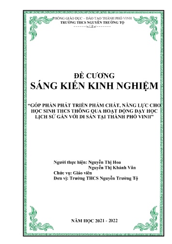 Đề cương SKKN Góp phần phát triển phẩm chất, năng lực cho học sinh THCS thông qua hoạt động dạy học Lịch sử gắn với di sản tại Thành phố Vinh