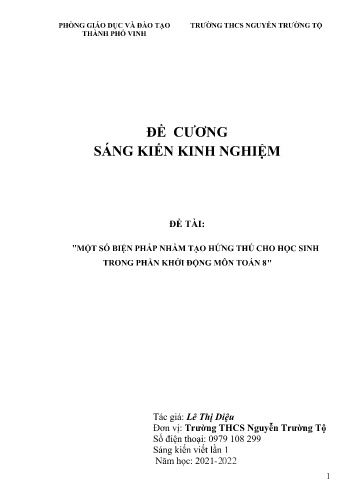 Đề cương SKKN Một số biện pháp nhằm tạo hứng thú cho học sinh trong phần khởi động môn Toán 8