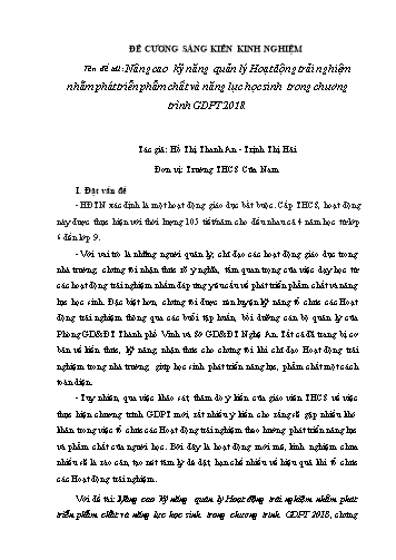 Đề cương SKKN Nâng cao kỹ năng quản lý Hoạt động trải nghiệm nhằm phát triển phẩm chất và năng lực học sinh trong chương trình GDPT 2018
