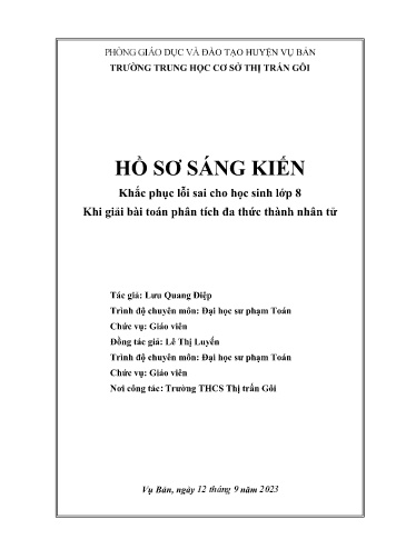 Sáng kiến kinh nghiệm Khắc phục lỗi sai cho học sinh Lớp 8 khi giải bài toán phân tích đa thức thành nhân tử